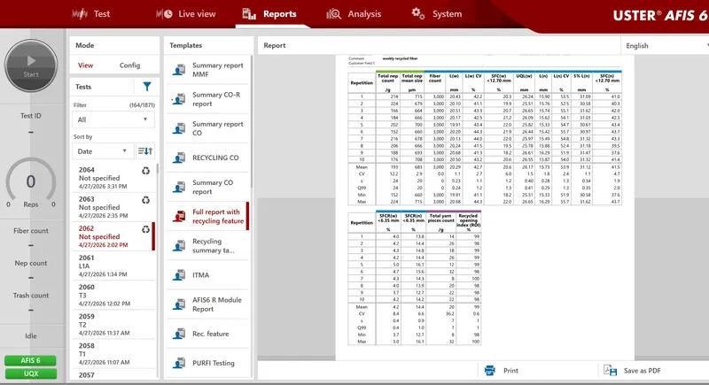 Screenshot showing the new Uster AFIS 6 Recycling R Module properties (SFC < 6.35 mm, ROI and yarn pieces/gr).